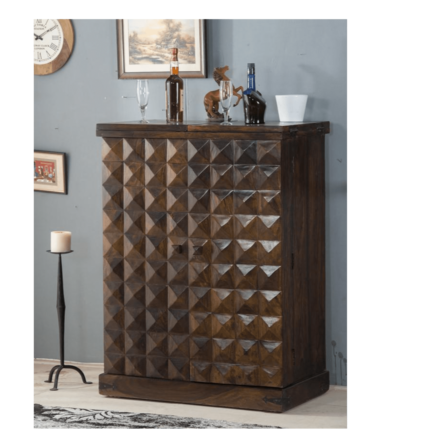 Sheesham Wood Bar Cabinet Rack Hard and Soft Drinks Storage Cabinets Sheesham Wood Furniture Wine Wisky Scotch All Type Drinks Bar Cabinet for Living Room (Natural Brown Finish)