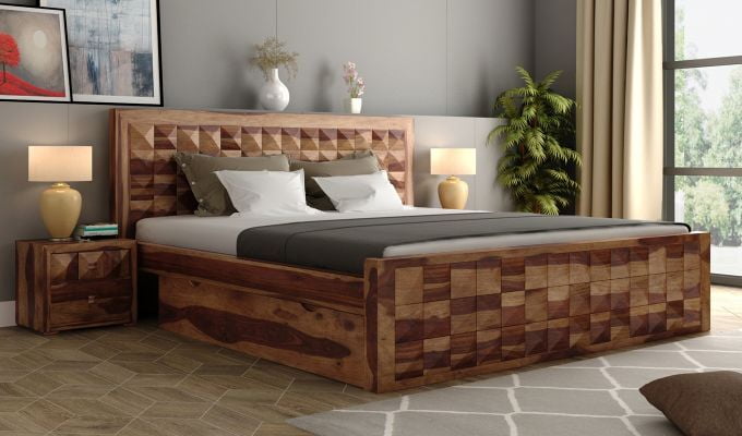 Solid Sheesham Wood Diamond King Size Bed with Side Tables