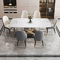 Vikinterio Stainless Steel Base with Marble Top Six Seater Dining Table Set