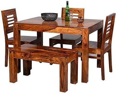 Smart Home Sheesham Wooden Dining Table 4 Seater | Dining Table Set with 3 Chairs & 1 Bench | Home Dining Room Furniture | Honey Finish