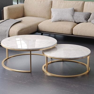 Round Marble Top Coffee Table Side Table 2 Pieces Gold Metal Base Living Room Combination Small Family Home Balcony Nesting Tables .
