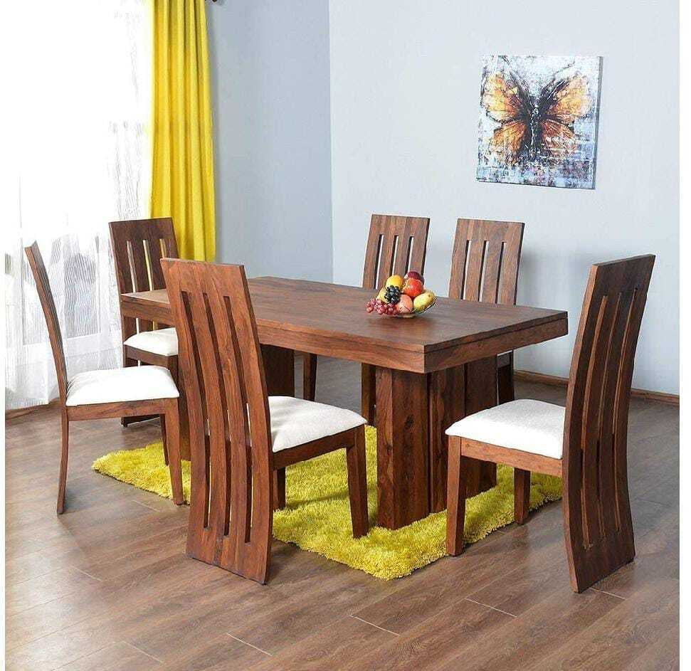 Solid Wooden Sheesham Wood 6 Seater Dining Table Set with 6 Chairs for Dining Room (Sheesham Wood, Dark Red Mahogany Finish) Wood Dining Table 6 Seater