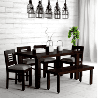 Sheesham Wood 6 Seater Dining Table | Dining Room Furniture | 4 Chairs with Cushion & 1 Bench| Warm Chestnut Finish