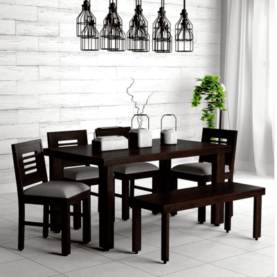 Sheesham Wood 6 Seater Dining Table | Dining Room Furniture | 4 Chairs with Cushion & 1 Bench| Warm Chestnut Finish