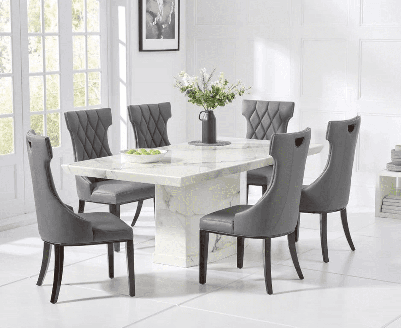 Six Seater Marble Top Dining Set with Fabric Chairs - Luxury and Comfort for Your Dining Room Six Seater Marble Top Dining Set with Fabric Chairs - Luxury and Comfort for Your Dining Room