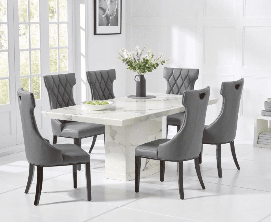 Six Seater Marble Top Dining Set with Fabric Chairs - Luxury and Comfort for Your Dining Room