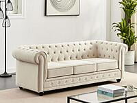 Vikinterio Chesterfield 3-Seater Sofa in Beige Fabric | Luxury Living Room Furniture