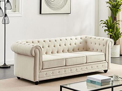 Vikinterio Chesterfield 3-Seater Sofa in Beige Fabric | Luxury Living Room Furniture