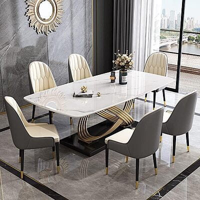 Vikinterio Stainless Steel Base with Marble Top Six Seater Dining Table Set