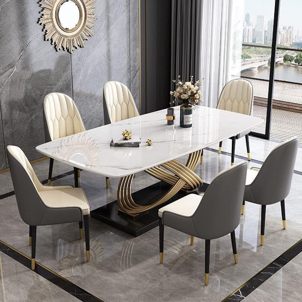 Vikinterio Stainless Steel Base with Marble Top Six Seater Dining Table Set