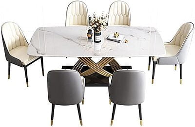 Vikinterio Stainless Steel Base with Marble Top Six Seater Dining Table Set Vikinterio Stainless Steel Base with Marble Top Six Seater Dining Table Set