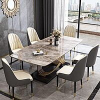 Vikinterio Stainless Steel Base with Marble Top Six Seater Dining Table Set