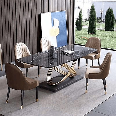 Vikinterio Stainless Steel Base with Marble Top Six Seater Dining Table Set Vikinterio Stainless Steel Base with Marble Top Six Seater Dining Table Set