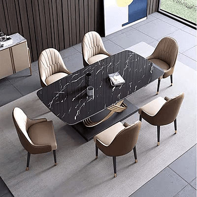 Vikinterio Stainless Steel Base with Marble Top Six Seater Dining Table Set Vikinterio Stainless Steel Base with Marble Top Six Seater Dining Table Set