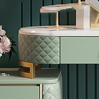 Vikinterio Makeup Vanity Marble Dresser Leather Surrounded Makeup Table Retractable Bedside Table with Touch Mirror 3 Drawers Dresser Desk Vikinterio Makeup Vanity Marble Dresser Leather Surrounded Makeup Table Retractable Bedside Table with Touch Mirror 3 Drawers Dresser Desk