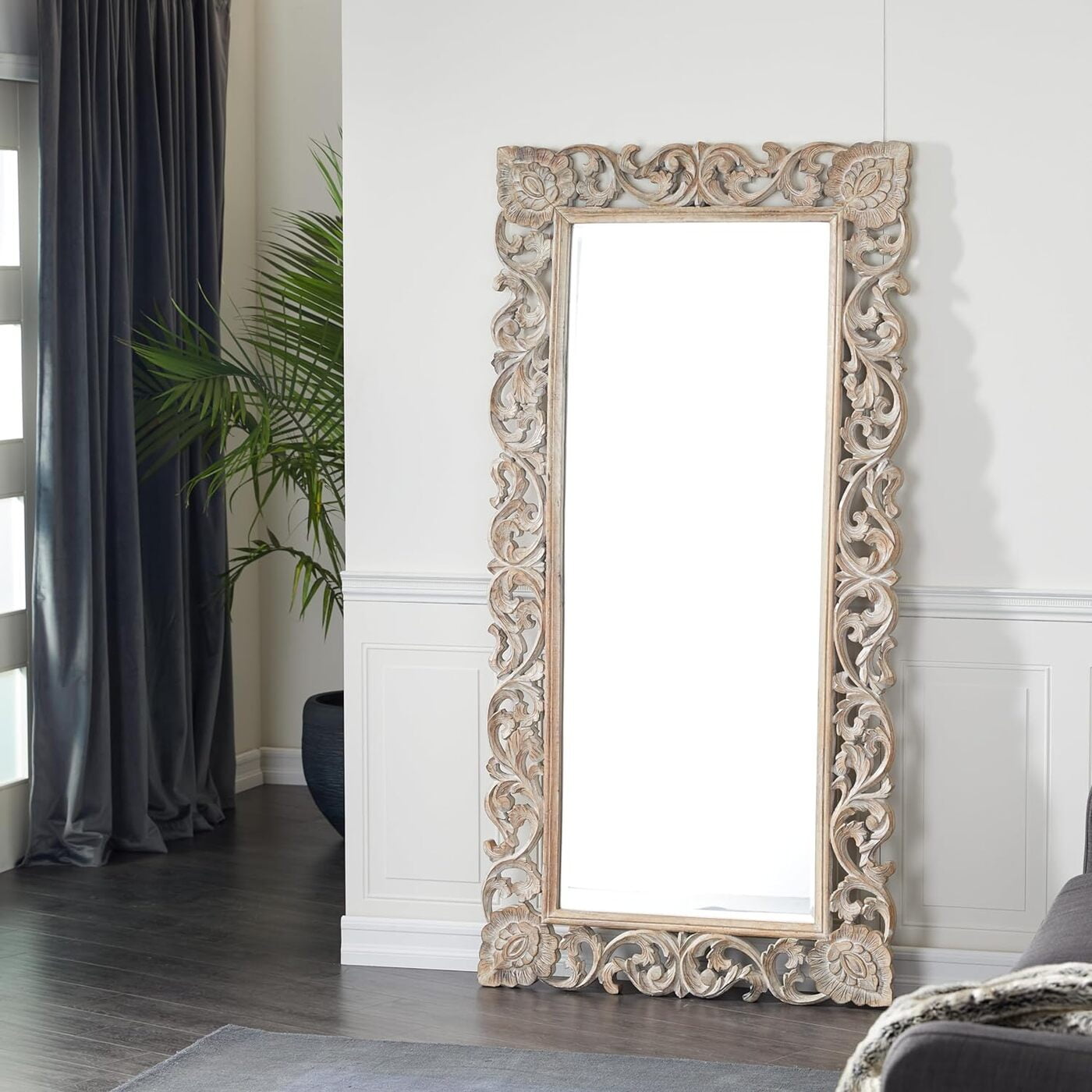 Vikinterio 79 Exquisitely Carved Mango Wood Wall Mirror, Floral Design, Light Brown, 36" x 2" x 72"