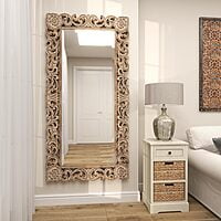 Vikinterio 79 Exquisitely Carved Mango Wood Wall Mirror, Floral Design, Light Brown, 36" x 2" x 72"