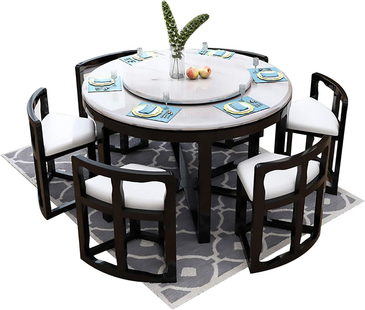 Vikinterio Milano Marble Top Six Seater Round Shape Dining Table Set