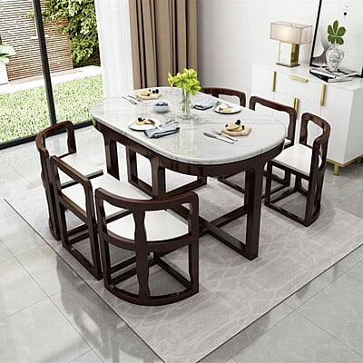 Luxurious Space Vikinterio Saving Six-Seater Dining Table Set with Upolstory Chairs