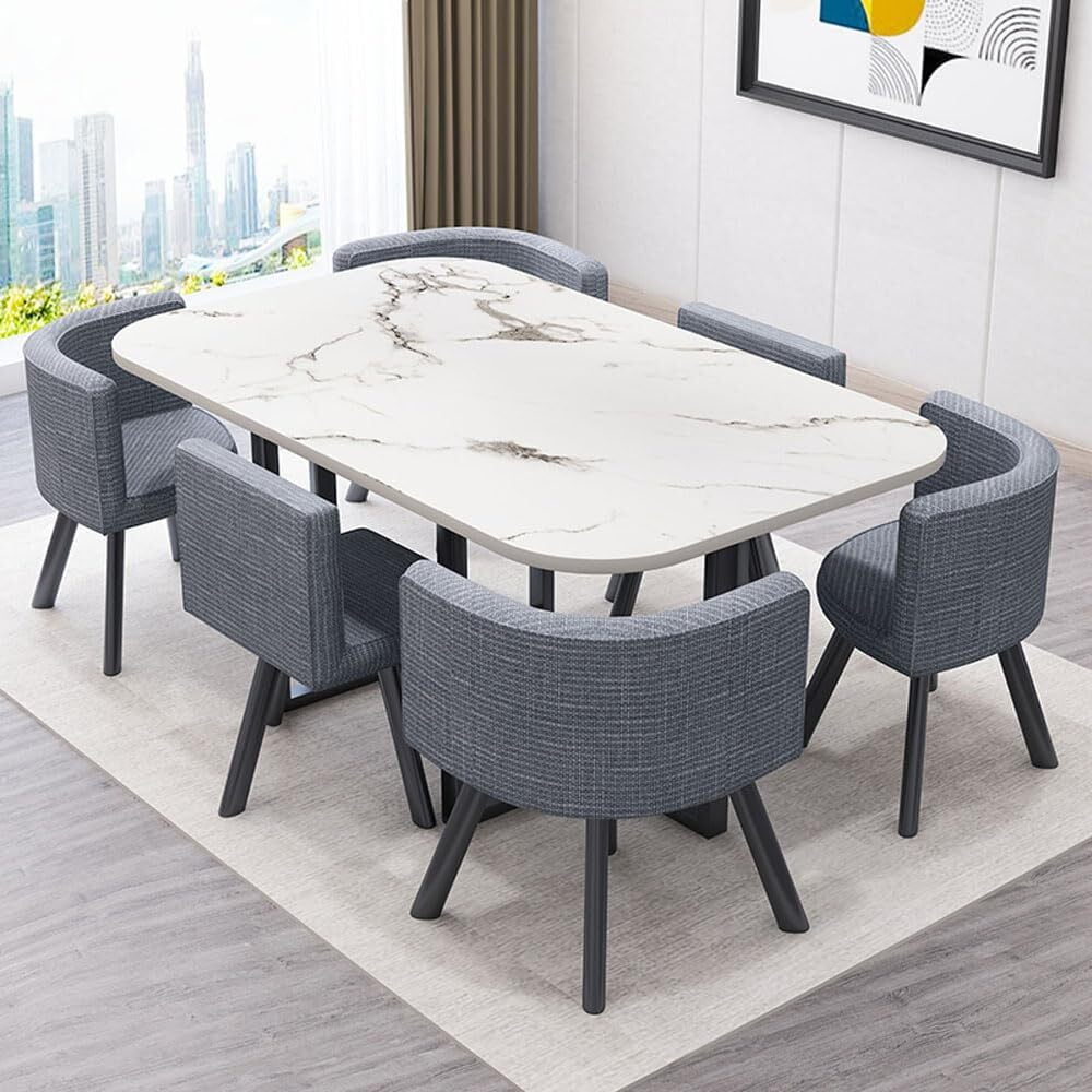 Elegant Modern Space-Saving 6-Seater Marble Dining Table Set