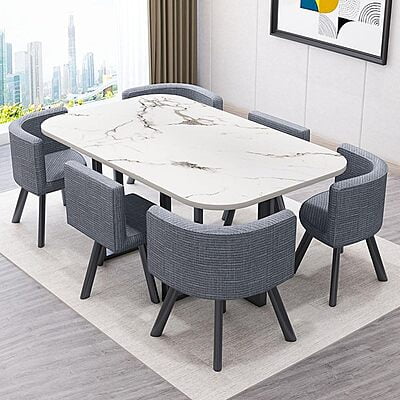 Jayemyer Space Saving Marble Top Six Seater Dining Table and Chairs Set of 7