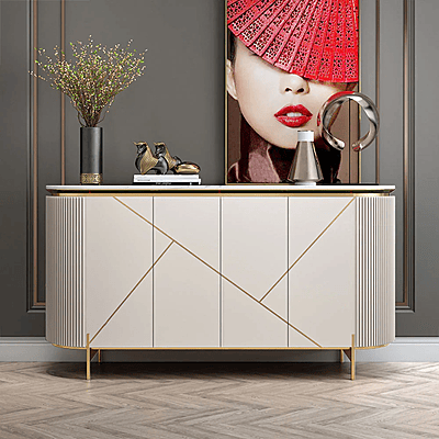 Vikinterio Modern White Sideboard Buffet  Marble Top 4 Doors 2 Shelves