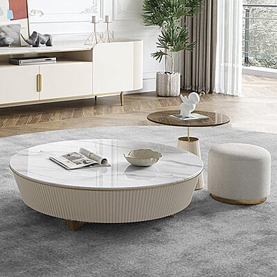 Vikinterio Norway Marble Top Coffee Table Set with Ottoman and End Table