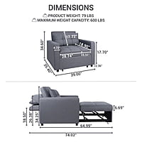 Vikinterio 3 in 1 Convertible Chair Bed, Lounger Sleeper Chair Bed in Gray Linen Fabric Vikinterio 3 in 1 Convertible Chair Bed, Lounger Sleeper Chair Bed in Gray Linen Fabric