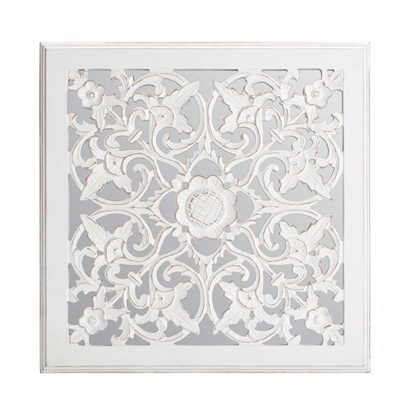 VIKINTERIO White Carved Square Mirrored Medallion Wall Art VIKINTERIO White Carved Square Mirrored Medallion Wall Art
