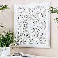 VIKINTERIO White Carved Square Mirrored Medallion Wall Art VIKINTERIO White Carved Square Mirrored Medallion Wall Art