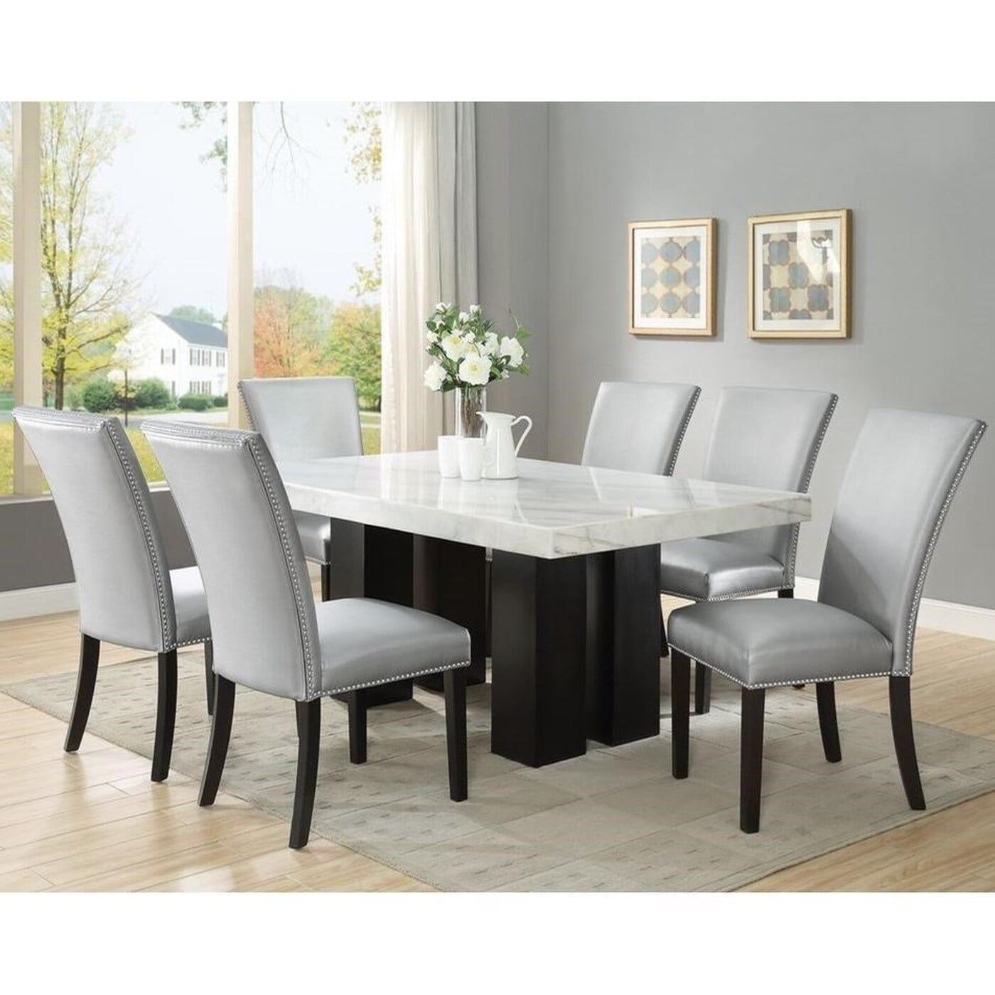 Vikinterio Contemporary Modern Marble Top Six Seater Dining Table Set