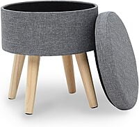 Sydney Round Ottoman Leg Rest Seat Made of Linen and Solid Wood with Storage Space,