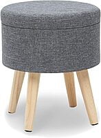 Sydney Round Ottoman Leg Rest Seat Made of Linen and Solid Wood with Storage Space,