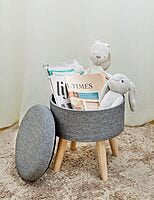 Sydney Round Ottoman Leg Rest Seat Made of Linen and Solid Wood with Storage Space,
