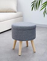 Sydney Round Ottoman Leg Rest Seat Made of Linen and Solid Wood with Storage Space,