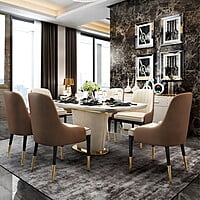 Norway Modern 63" Marble Rectangular Pedestal Dining Table PU Leather & Stainless Steel in Gold Norway Modern 63" Marble Rectangular Pedestal Dining Table PU Leather & Stainless Steel in Gold