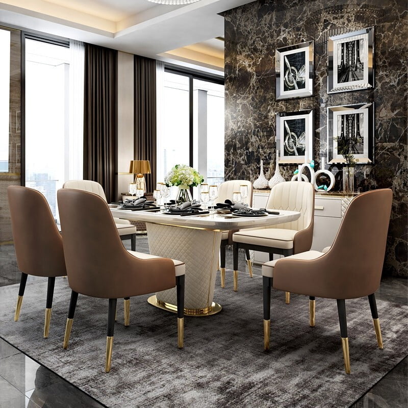 Norway Modern 63" Marble Rectangular Pedestal Dining Table PU Leather & Stainless Steel in Gold