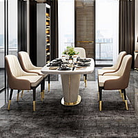 Norway Modern 63" Marble Rectangular Pedestal Dining Table PU Leather & Stainless Steel in Gold Norway Modern 63" Marble Rectangular Pedestal Dining Table PU Leather & Stainless Steel in Gold