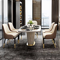 Norway Modern 63" Marble Rectangular Pedestal Dining Table PU Leather & Stainless Steel in Gold