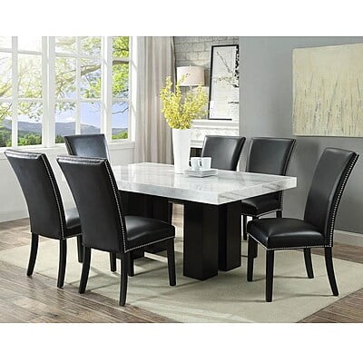 Contemporary Modern Marble Top Six Seater Dining Table Set Black Chairs