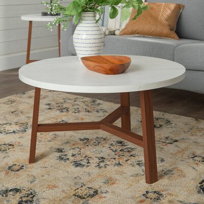 Contemporary Mid Century Modern Round Coffee Table in White Marble Top & Wooden Base Frame