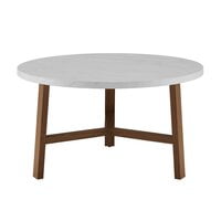 Contemporary Mid Century Modern Round Coffee Table in White Marble Top & Wooden Base Frame