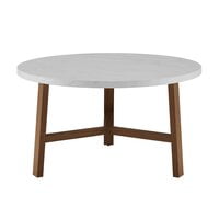 Contemporary Mid Century Modern Round Coffee Table in White Marble Top & Wooden Base Frame Contemporary Mid Century Modern Round Coffee Table in White Marble Top & Wooden Base Frame