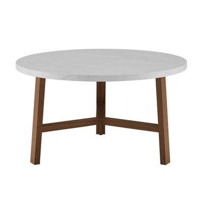 Contemporary Mid Century Modern Round Coffee Table in White Marble Top & Wooden Base Frame Contemporary Mid Century Modern Round Coffee Table in White Marble Top & Wooden Base Frame