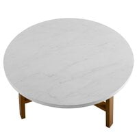 Contemporary Mid Century Modern Round Coffee Table in White Marble Top & Wooden Base Frame