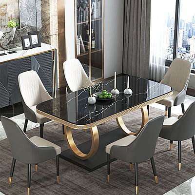 Portland Italian Black Marble Dining Table Set