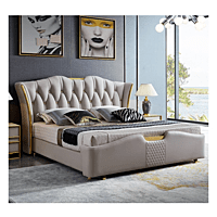 Vikinterio Luxury White Leather Bed, King Size Bed Frame, Bed Room Furniture