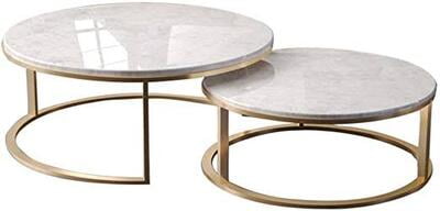 Round Marble Top Coffee Table Side Table 2 Pieces Gold Metal Base Living Room Combination Small Family Home Balcony Nesting Tables .