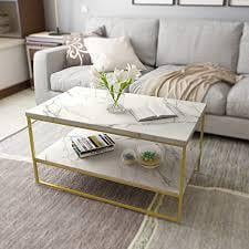 VIKINTERIO White Marble Print Coffee Table with Gold Metal Legs,
