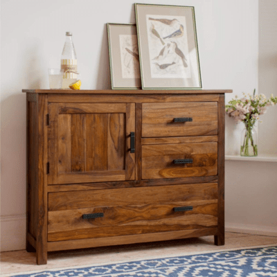 Sheesham Wood 3 Drawers Storage Sideboard Cabinet for Living Room (Brown)